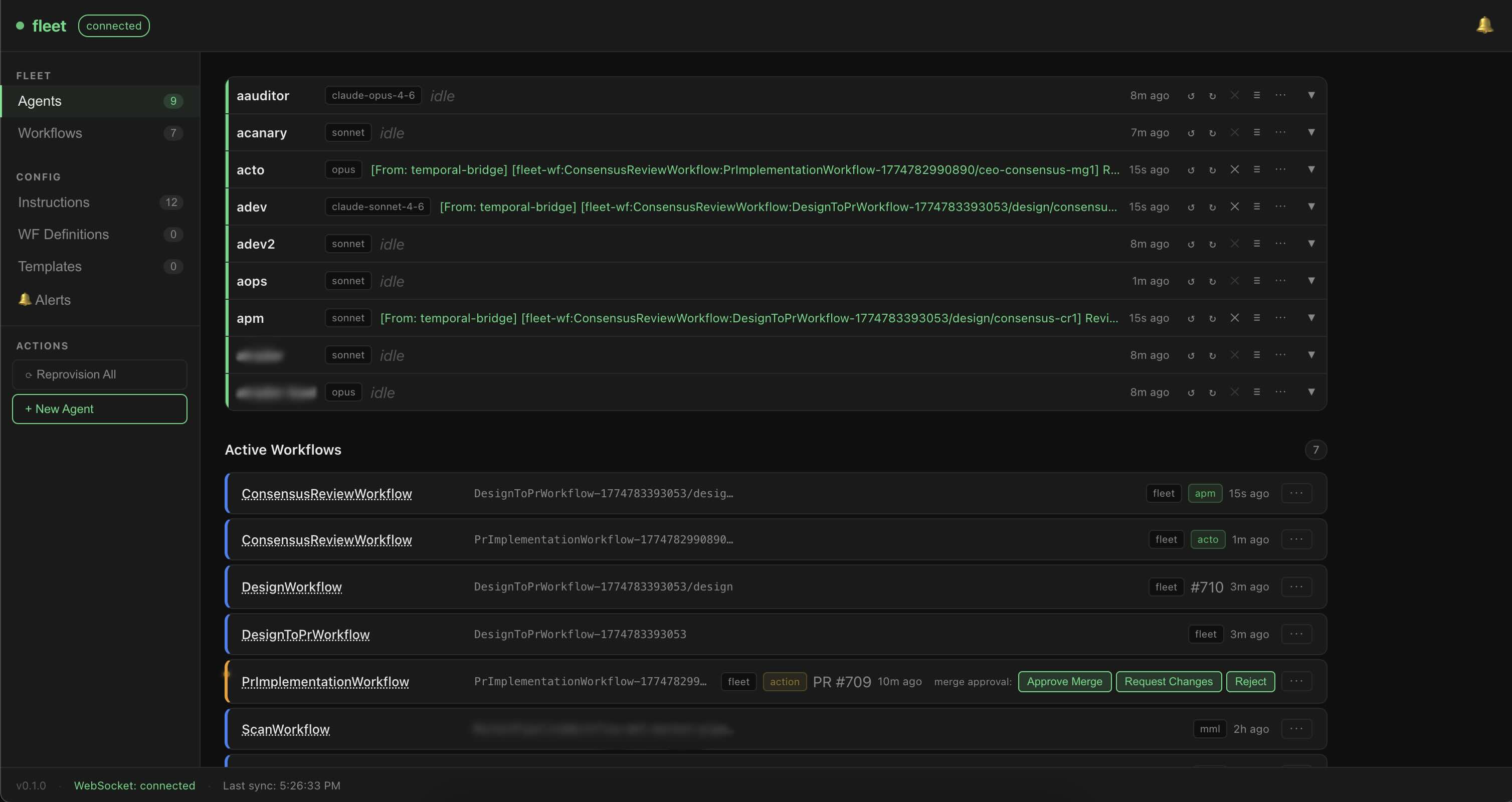 Phleet dashboard — agents and active workflows