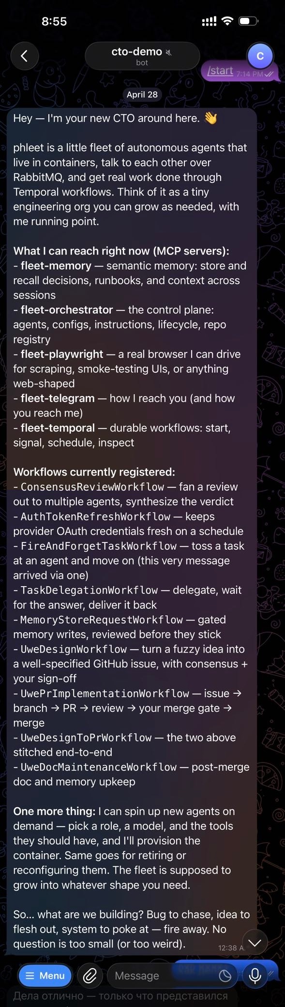 The welcome DM from the co-CTO after provisioning