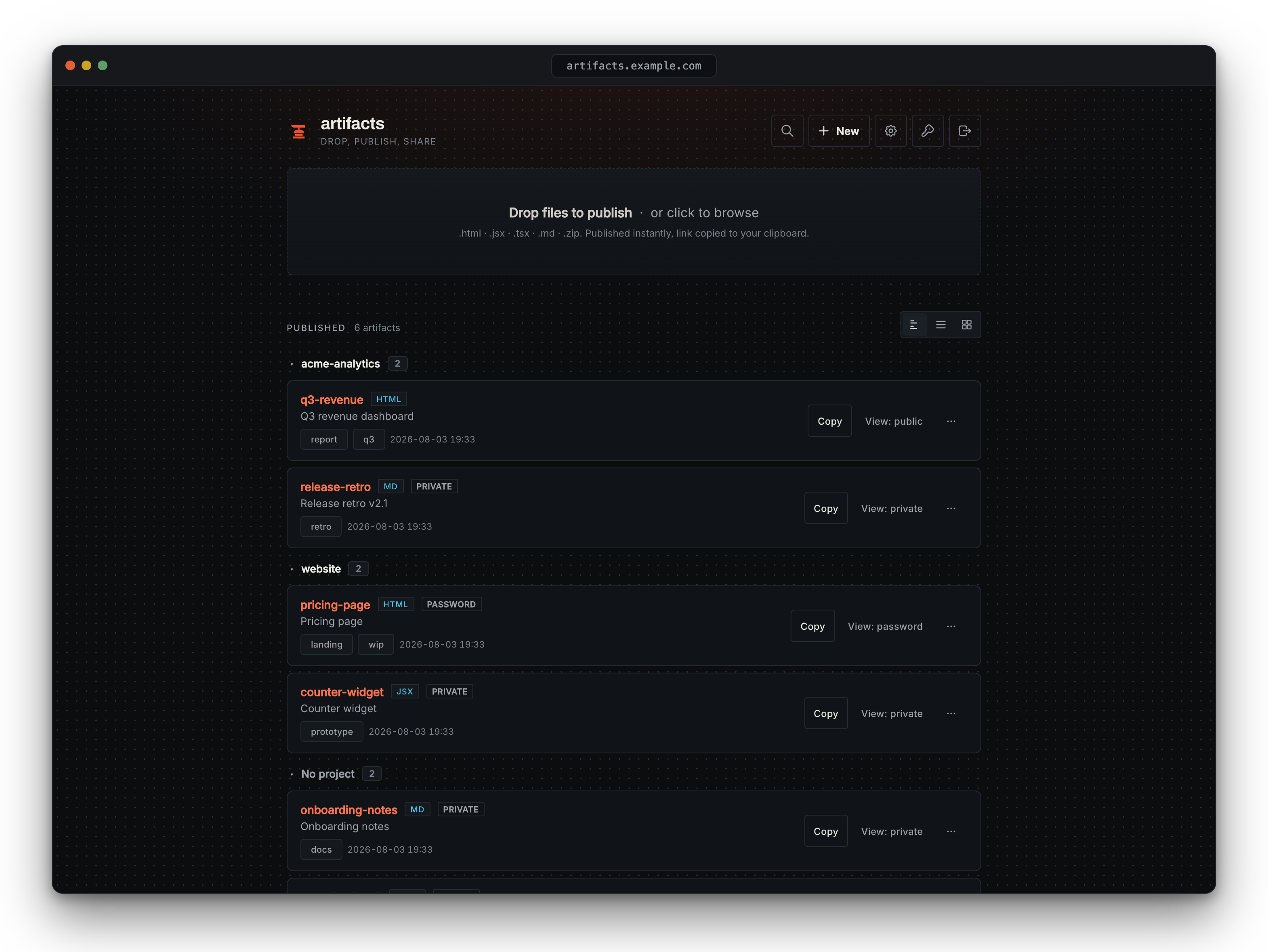 Dashboard: publish, group by project, and manage artifacts