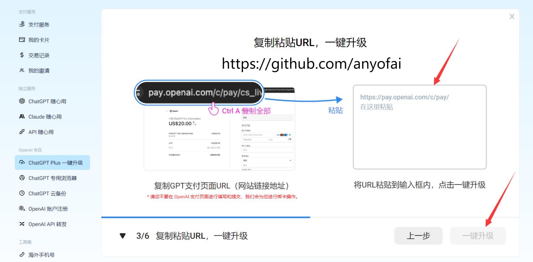 国内ChatGPT Plus充值教程第五步：将复制的网址粘贴到输入框中，并点击“一键升级”