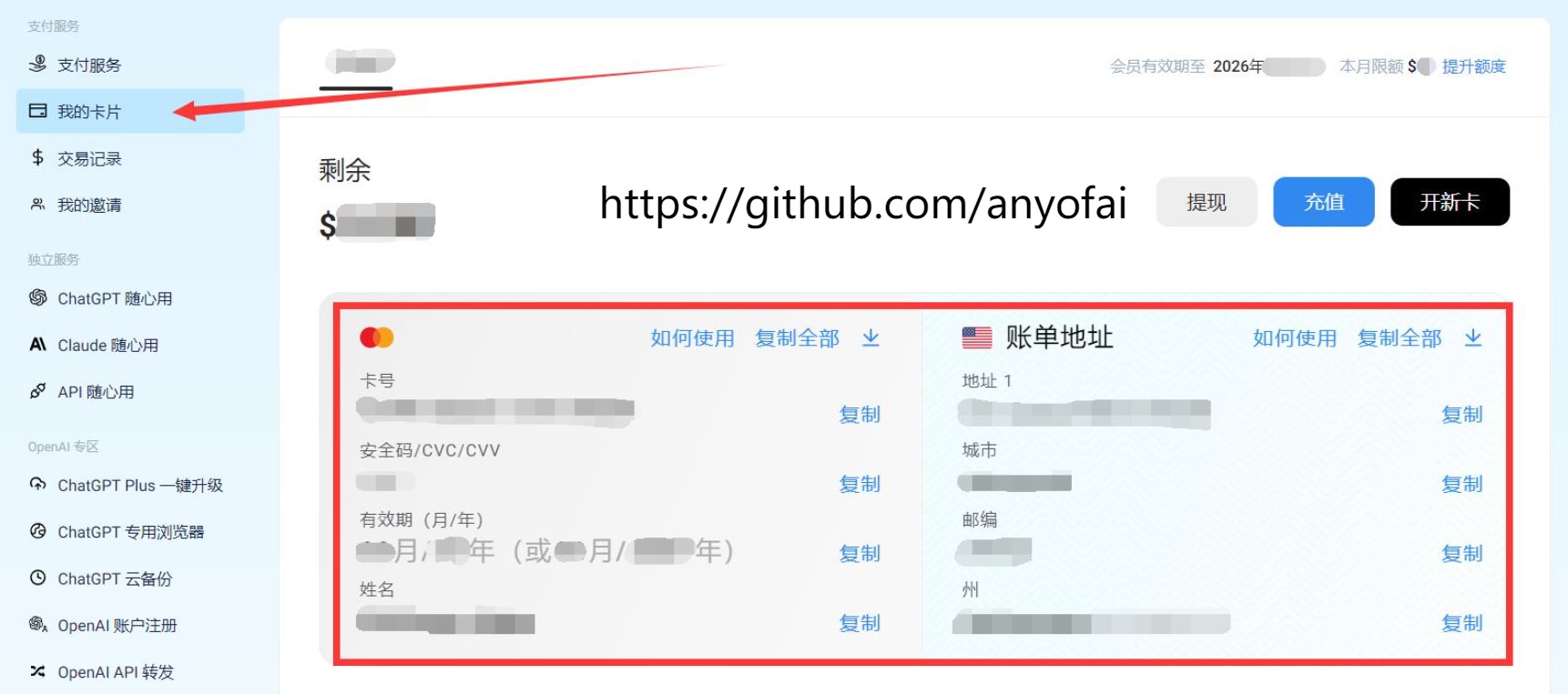 支付宝购买ChatGPT Plus教程第六步：再次点击“我的卡片”，即可查看虚拟信用卡的全部信息