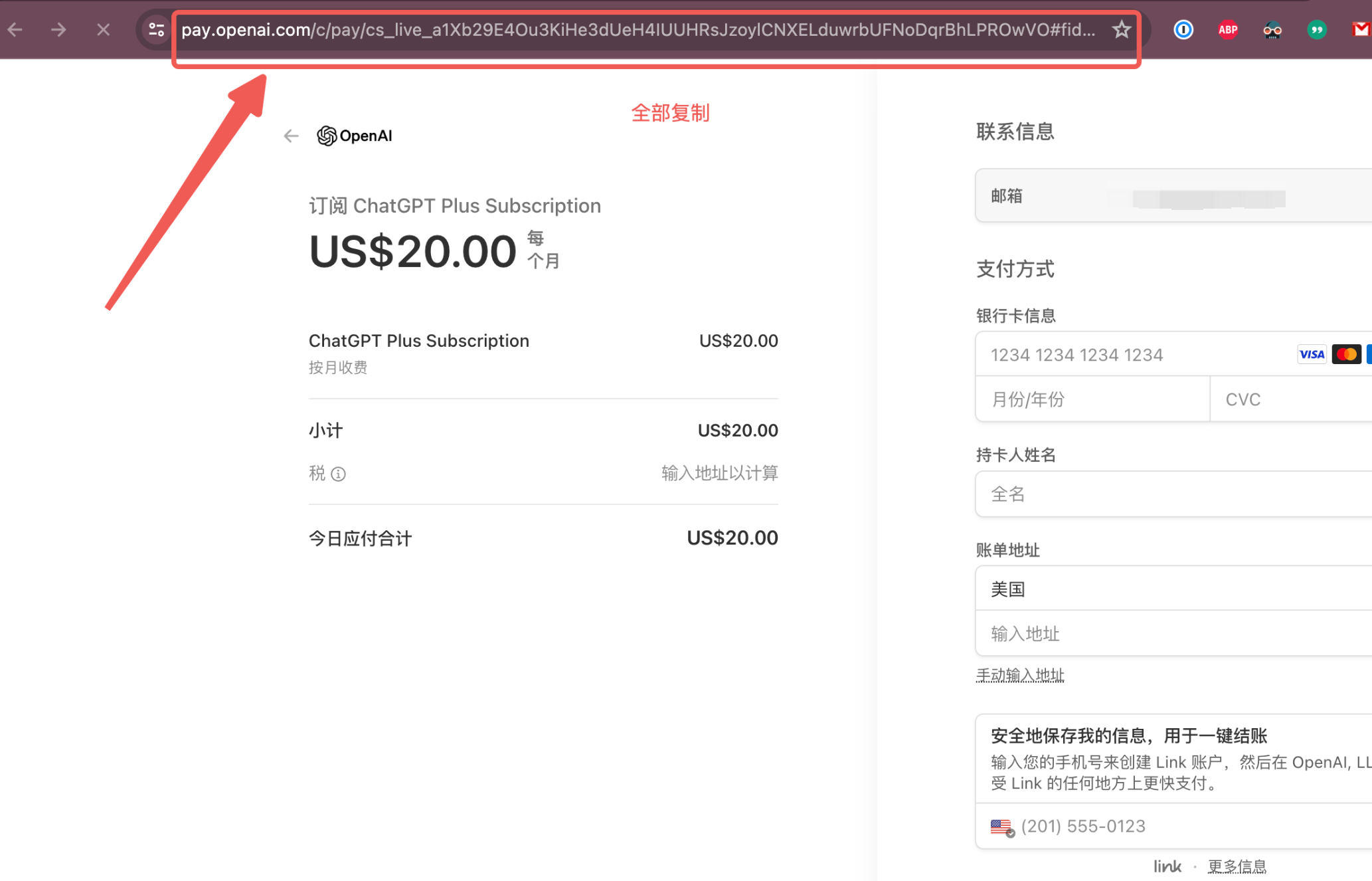 支付宝升级ChatGPT Plus教程第二步：复制ChatGPT Plus订阅费用支付页面的完整网址