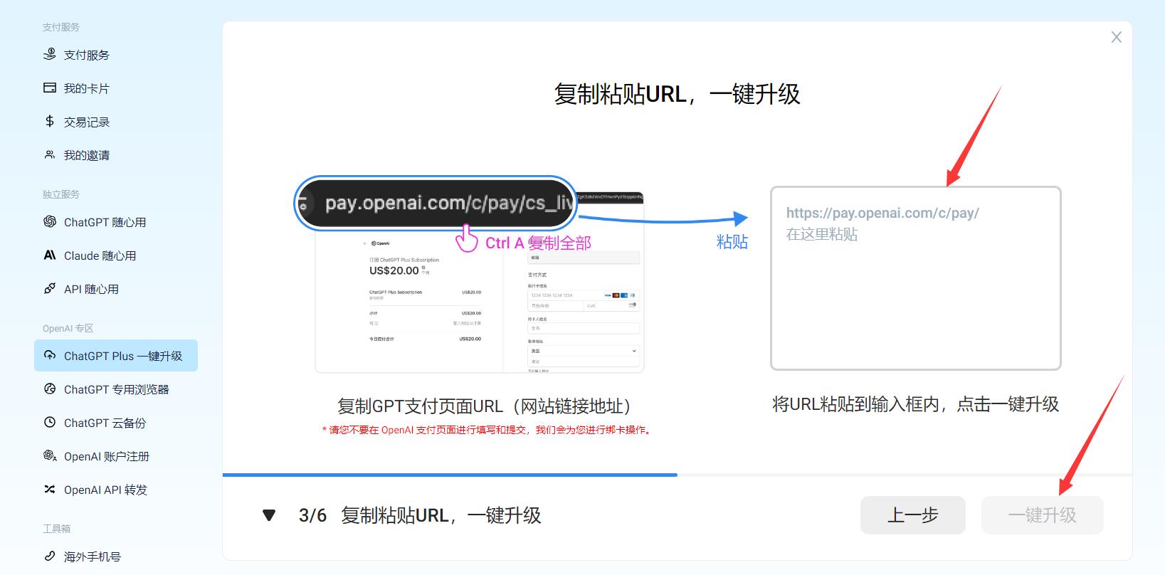 国内ChatGPT Plus充值教程第五步：将复制的网址粘贴到输入框中，并点击“一键升级”