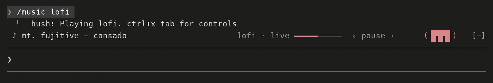 Hush playing lofi above the Claude Code prompt