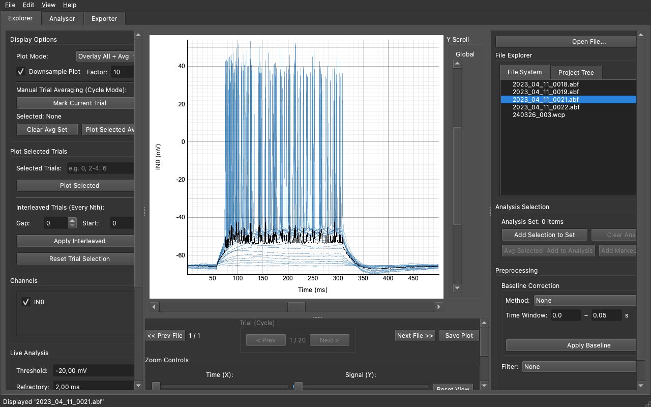 Synaptipy Explorer — multi-trial current-clamp recording with action potentials