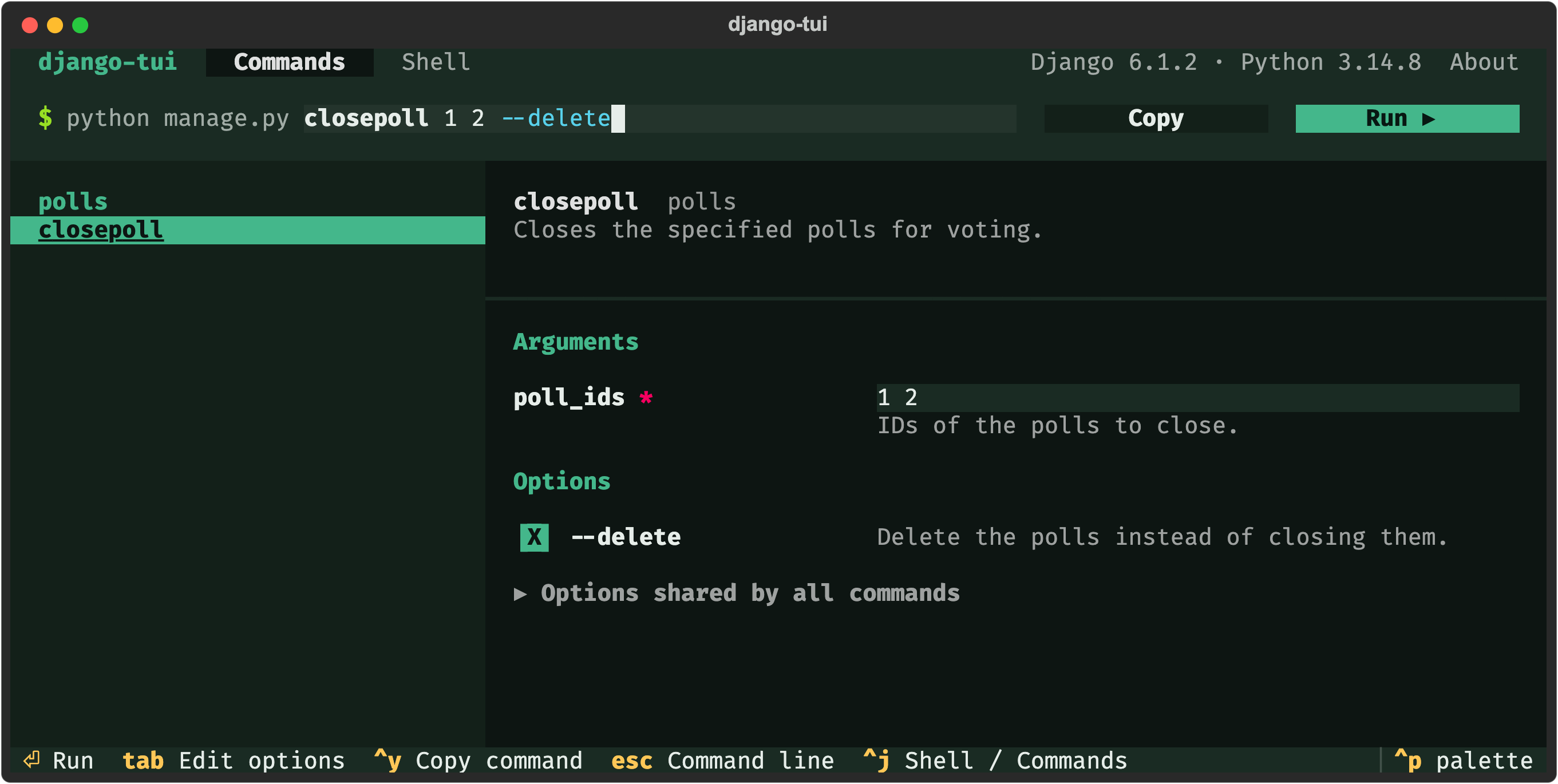 The command screen with the closepoll command and its options