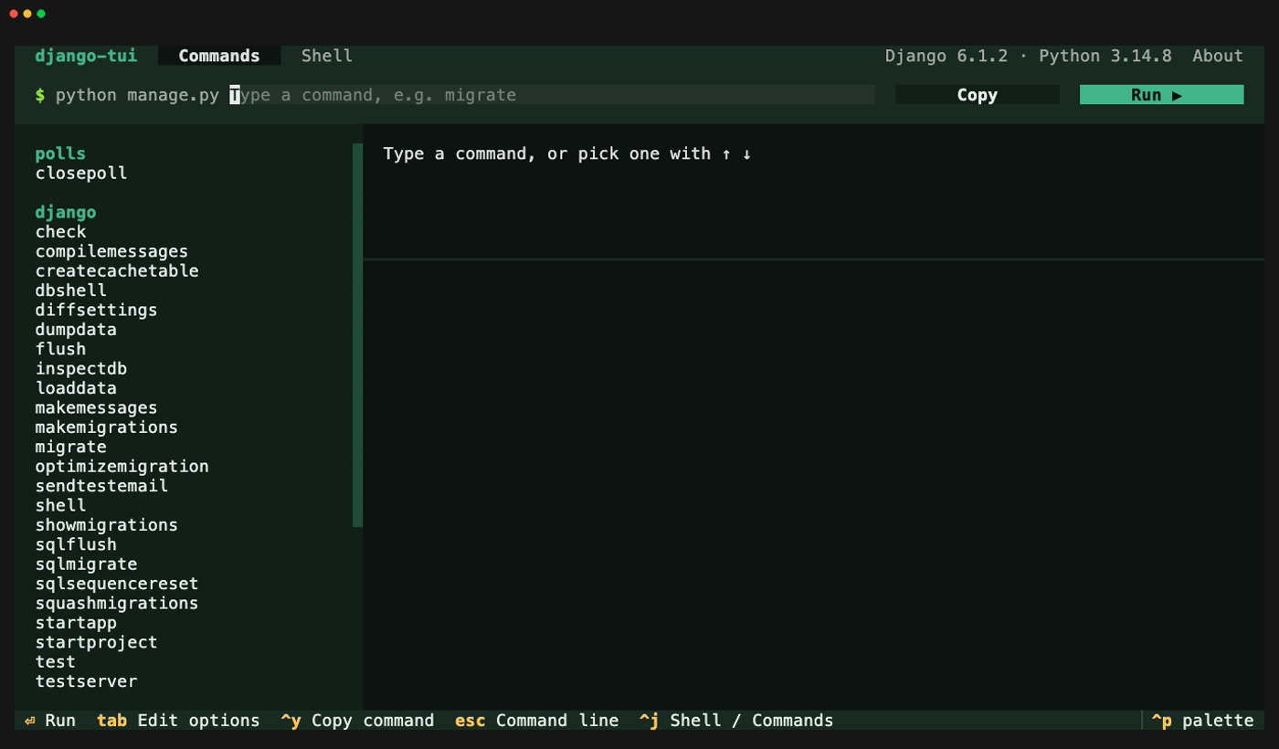 A demo of django-tui: filtering commands, filling in a command's options and running it, then querying models in the shell