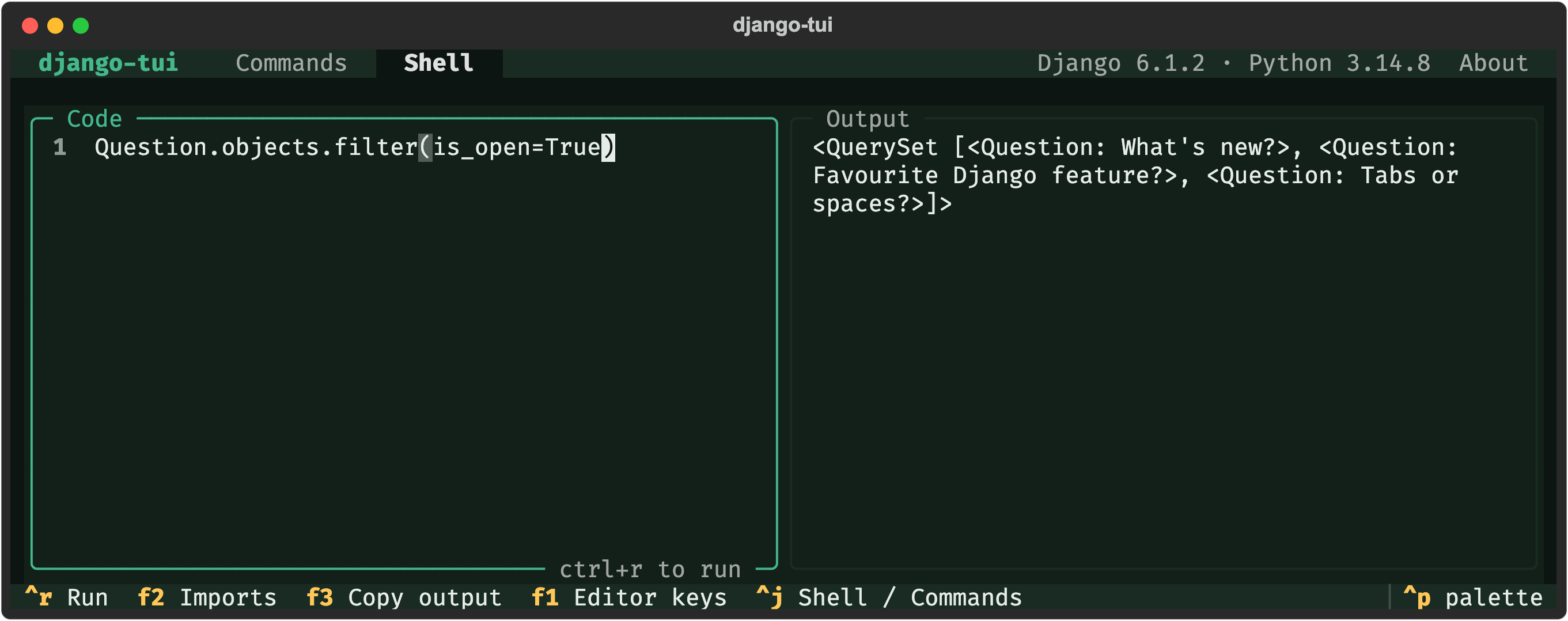 The shell with a query and its result