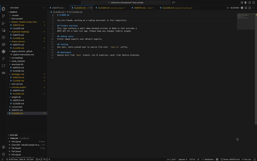 sync.md demo: detecting conflicts and missing rules, then reconciling AGENTS.md and CLAUDE.md