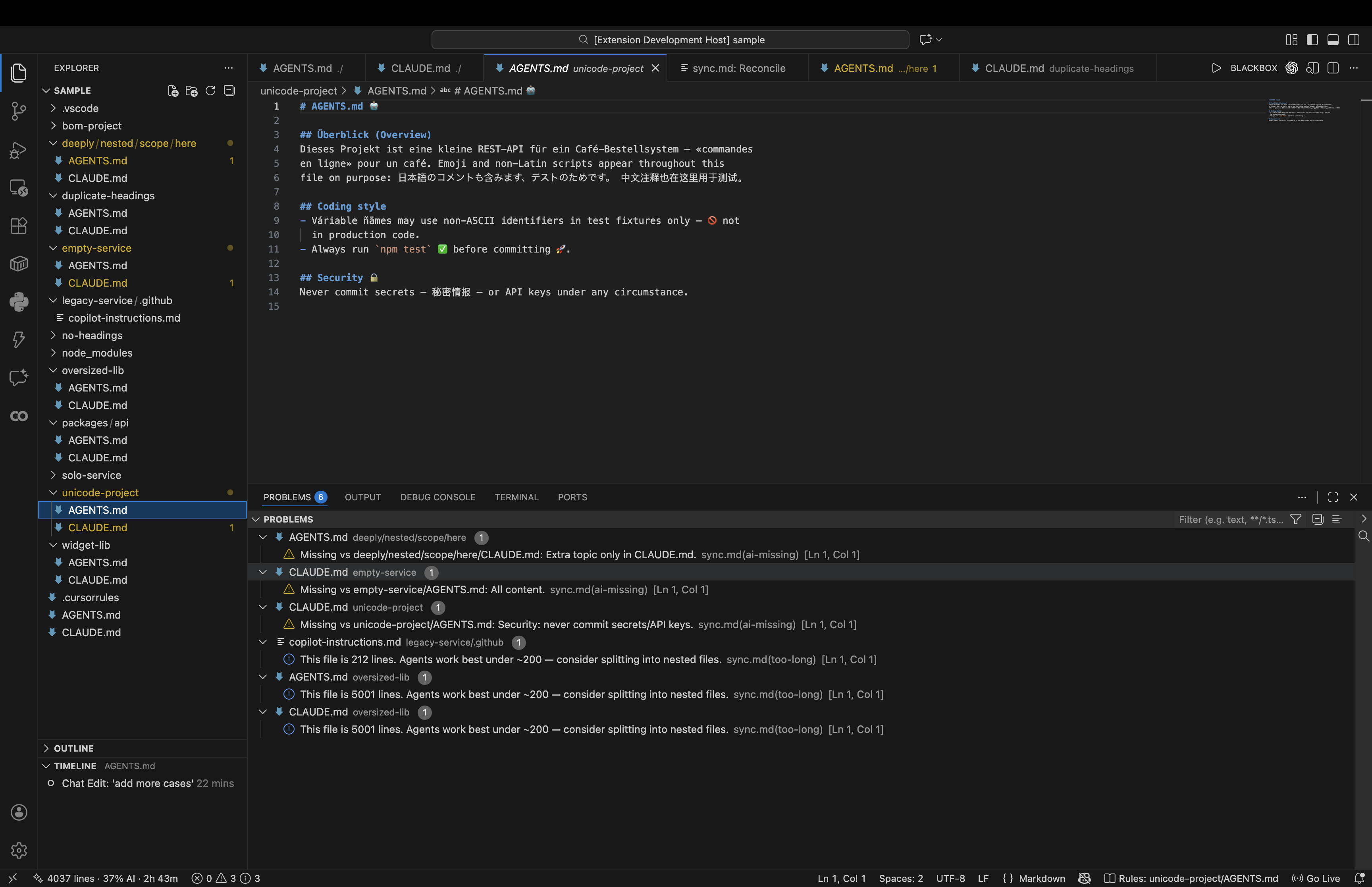 AGENTS.md written with emoji, German, and CJK text