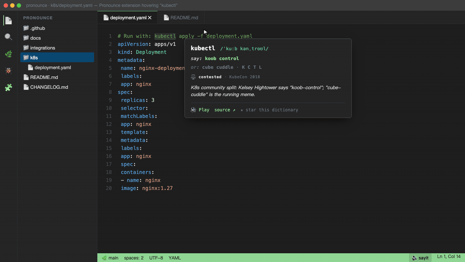 Pronounce demo — kubectl, YAML, Ghostty, wagmi