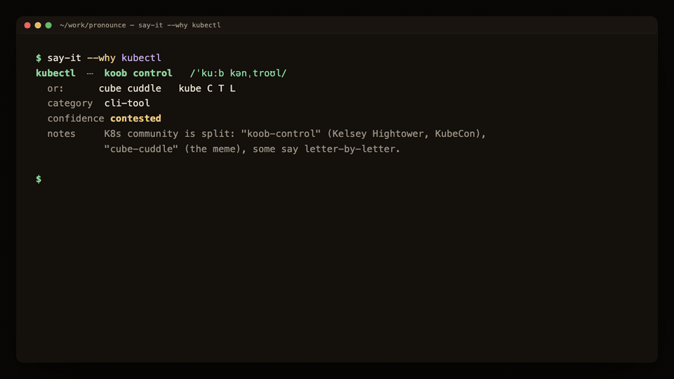 say-it CLI demo — kubectl, YAML, TOML, Ghostty