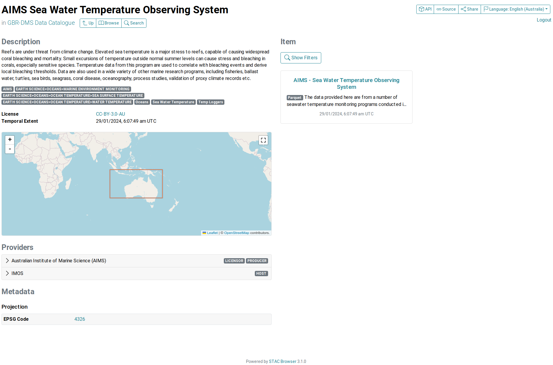 Screenshot of AIMS Sea Water Temperature collection page showing a single item is available in this collection