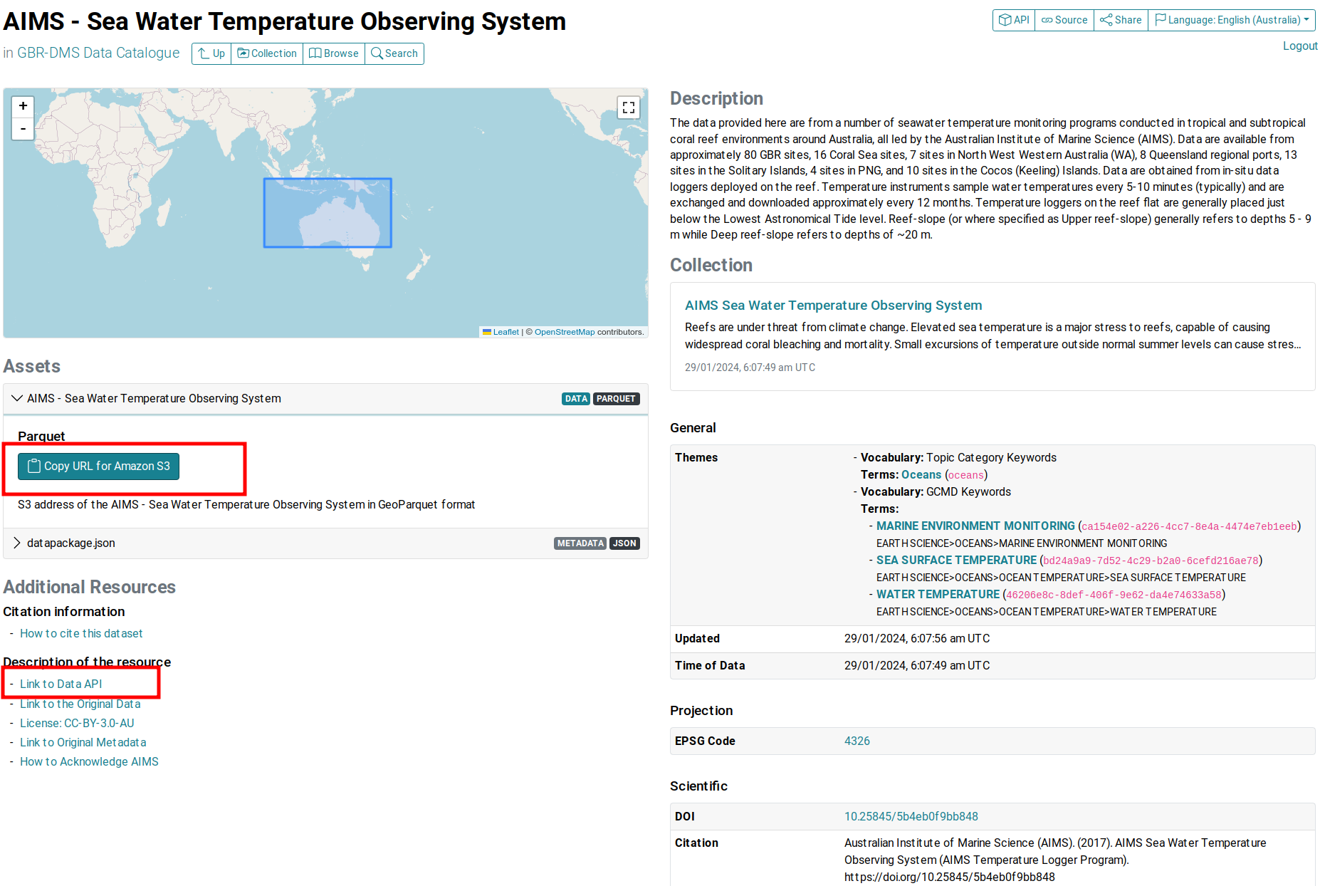 Screenshot of AIMS Sea Surface Temperature Monitoring Program item page showing the item level information. Links to S3 bucket and API are highlighted in red boxes