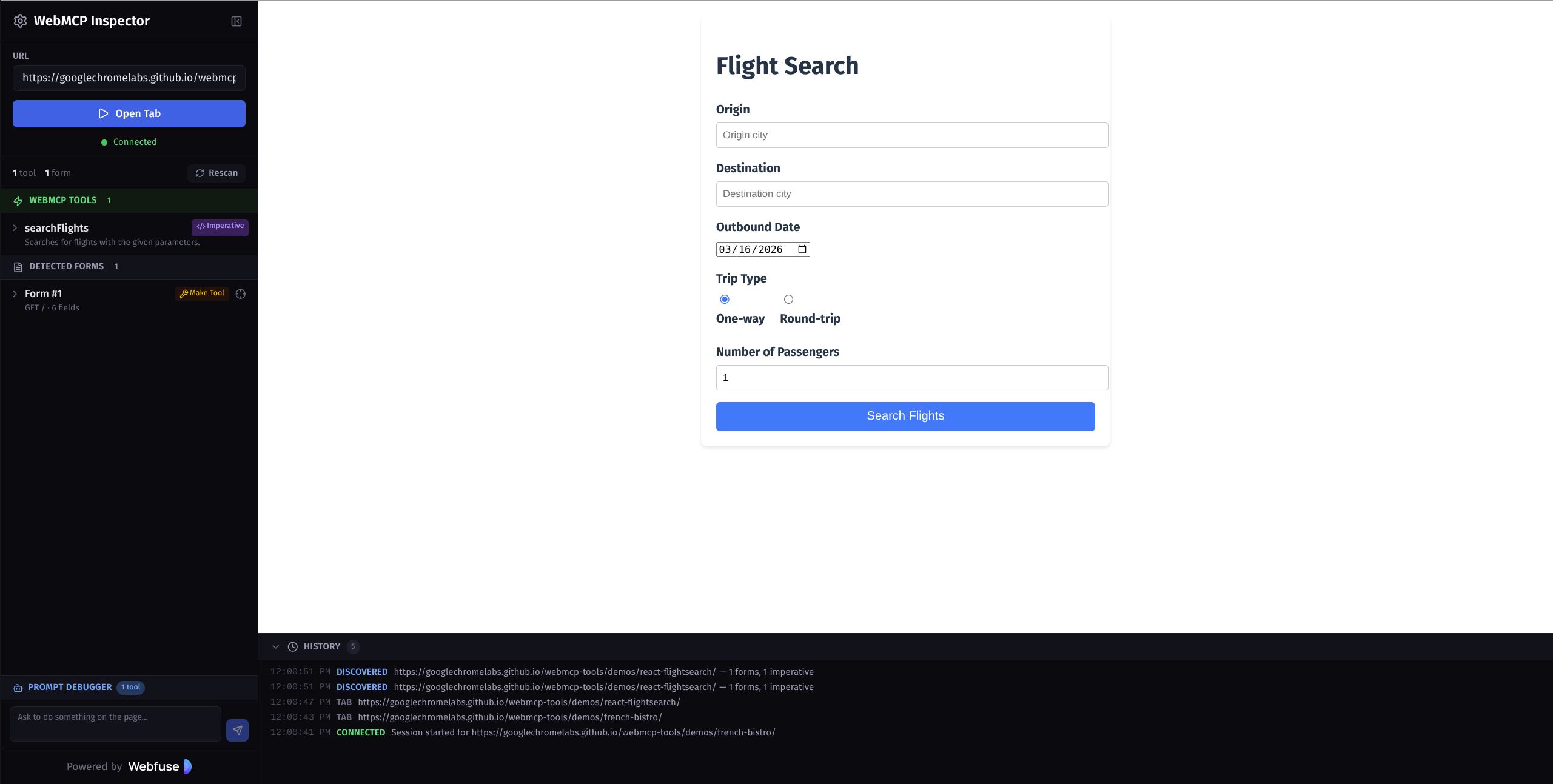 WebMCP Inspector screenshot