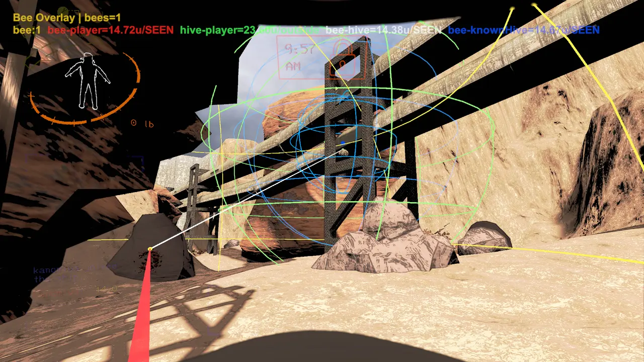 BeeOverlay visualizing bee, hive, player, and known-hive spatial checks