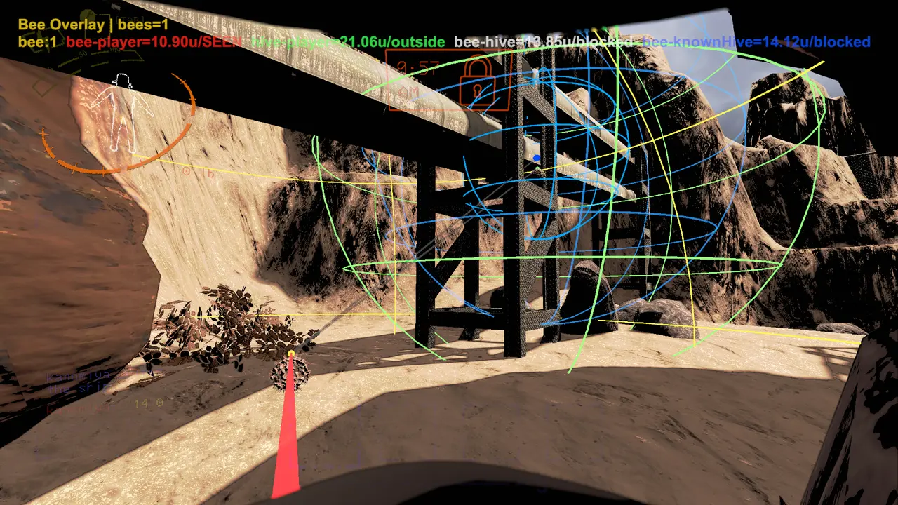 BeeOverlay showing blocked bee-to-hive and bee-to-known-hive Sight checks