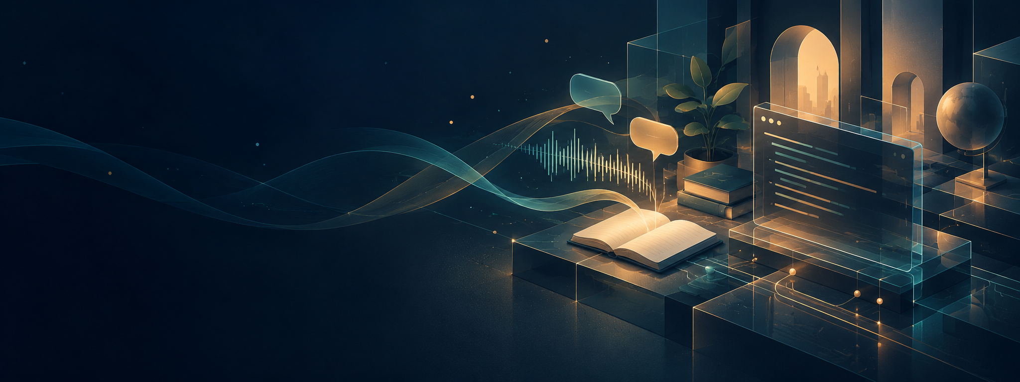 Language learning meets developer tools: an original illustration in midnight blue, teal and warm gold