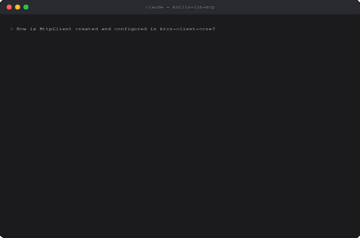 Claude Code fetching a library and reading KDoc via kotlin-lib-mcp