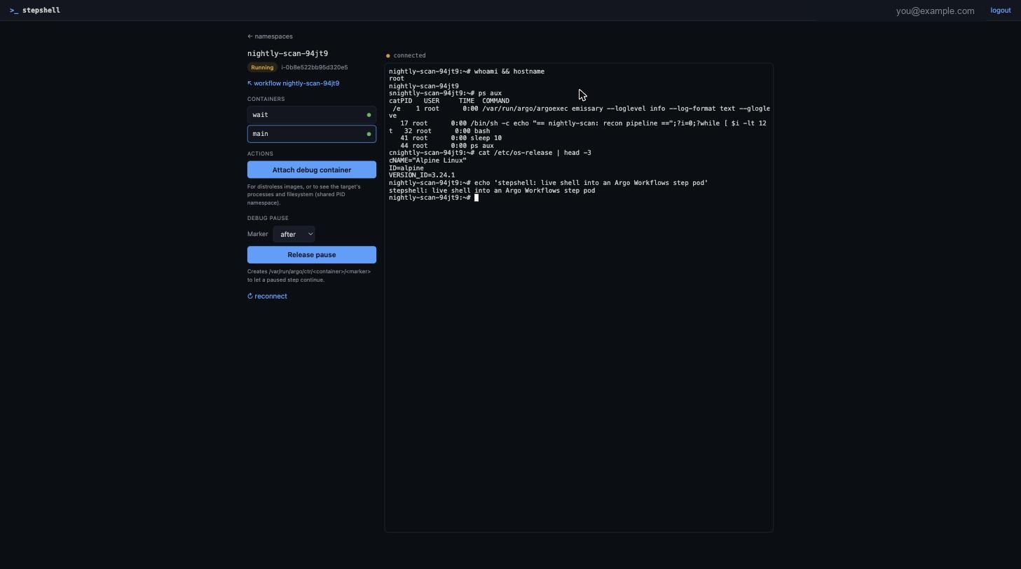 stepshell terminal into a live Kubernetes pod