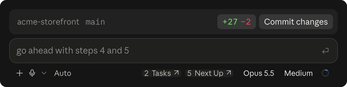 The Claude Code prompt box with '2 Tasks' and '5 Next Up' buttons in the footer below it