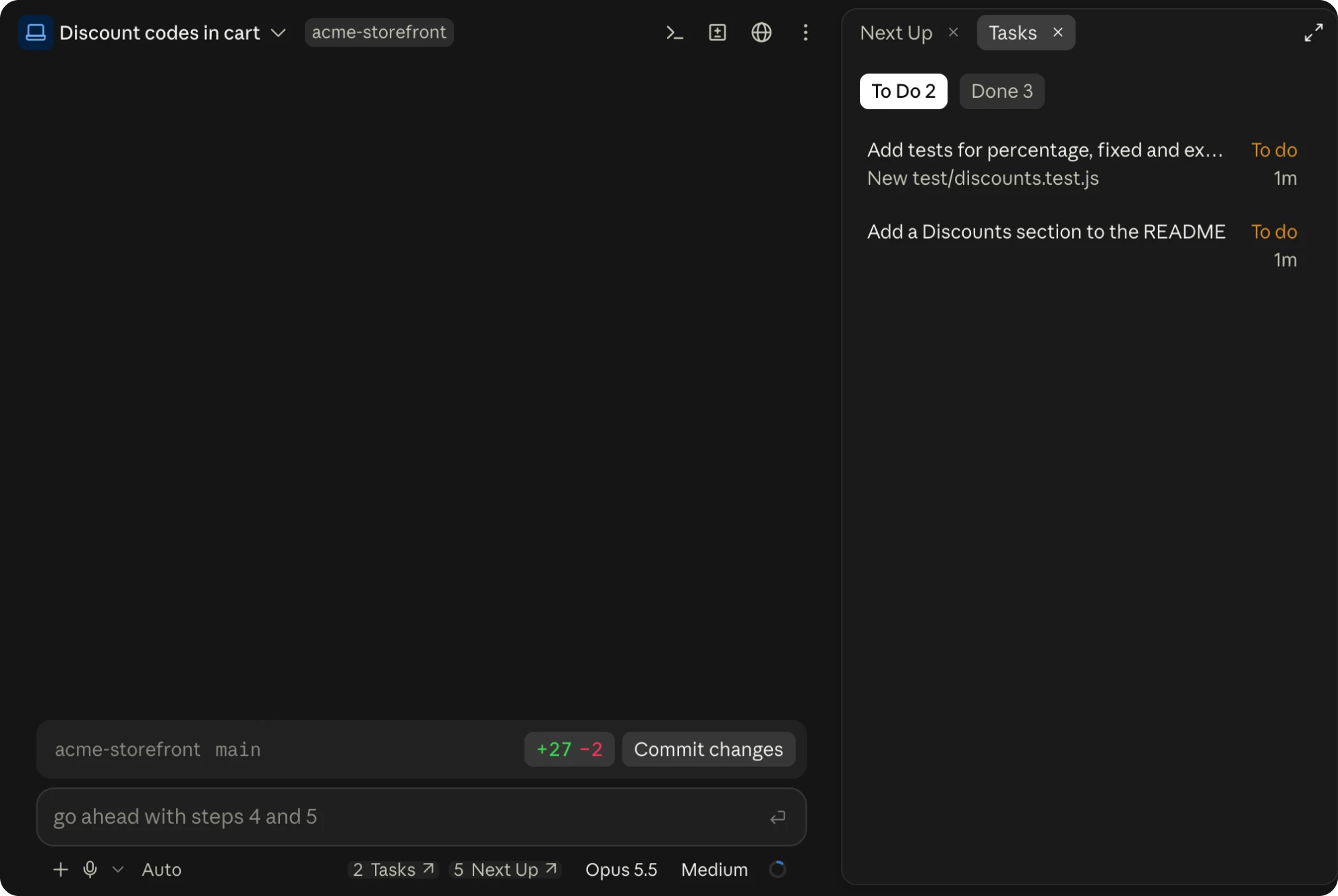 The Tasks pane beside the same session, with two steps still to do