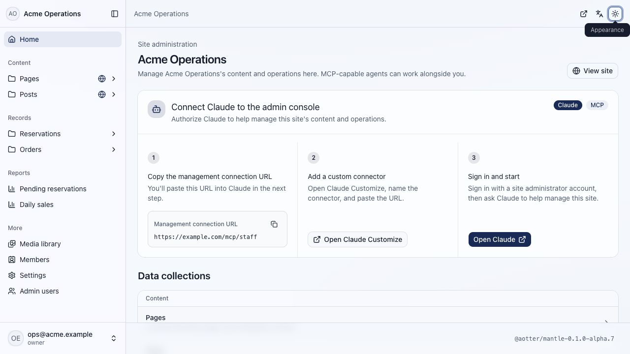 Mantle Admin brings publishing content, live records, reports, and staff operations into one console.