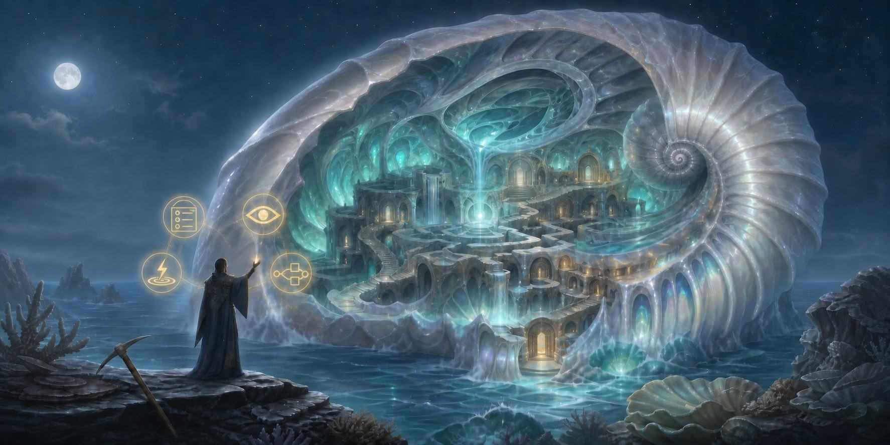 A dungeon master invokes four runes while a living shell labyrinth assembles itself; an unused pickaxe lies nearby.