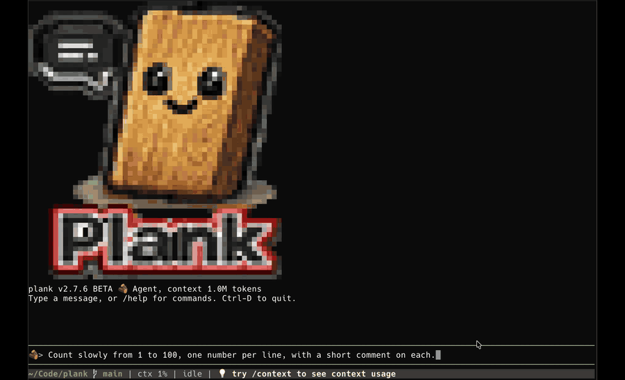 plank split view: the main task keeps counting on the left while a /btw side question is answered on the right