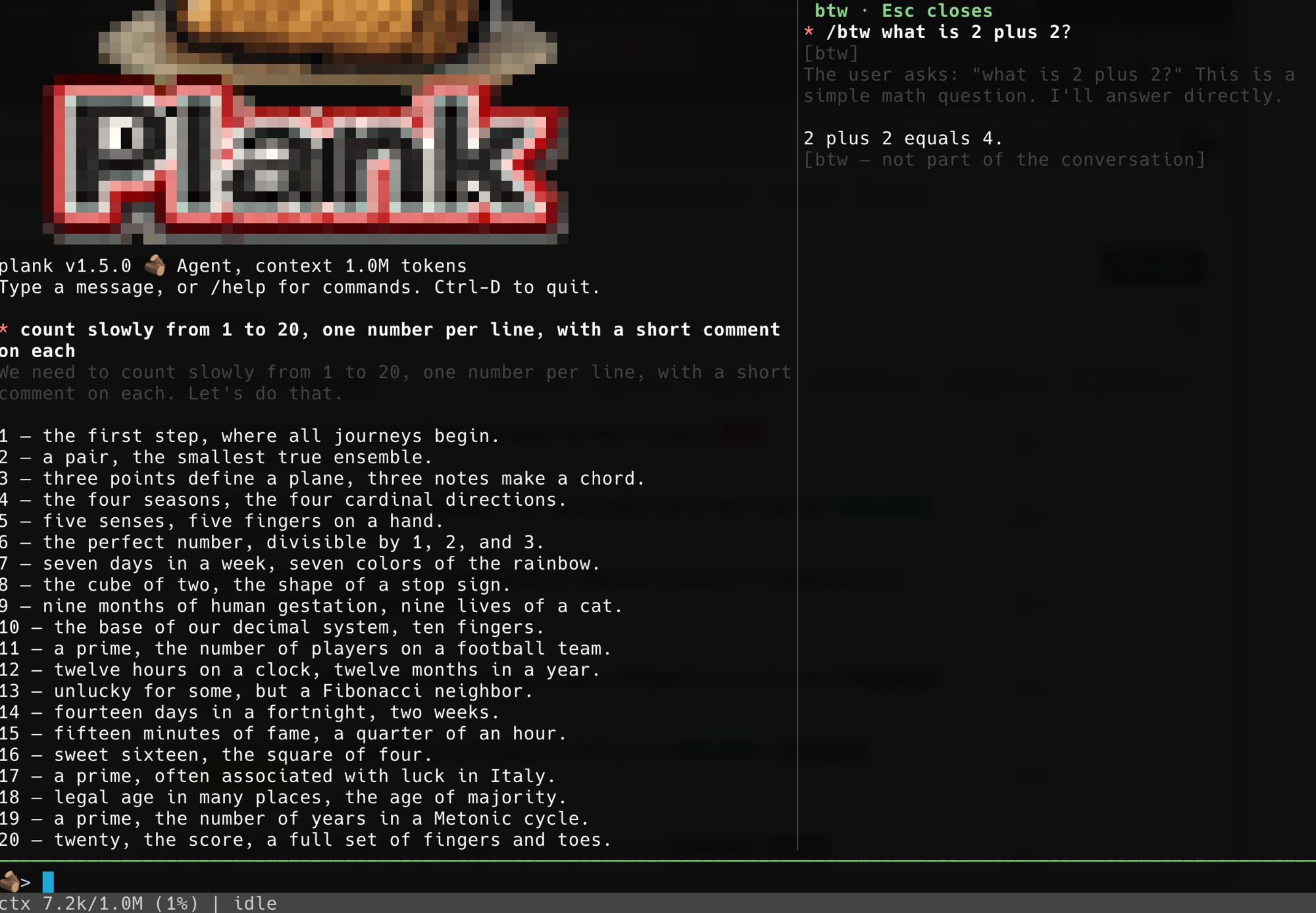plank split view: a task counting 1 to 20 on the left, a /btw side question answered on the right