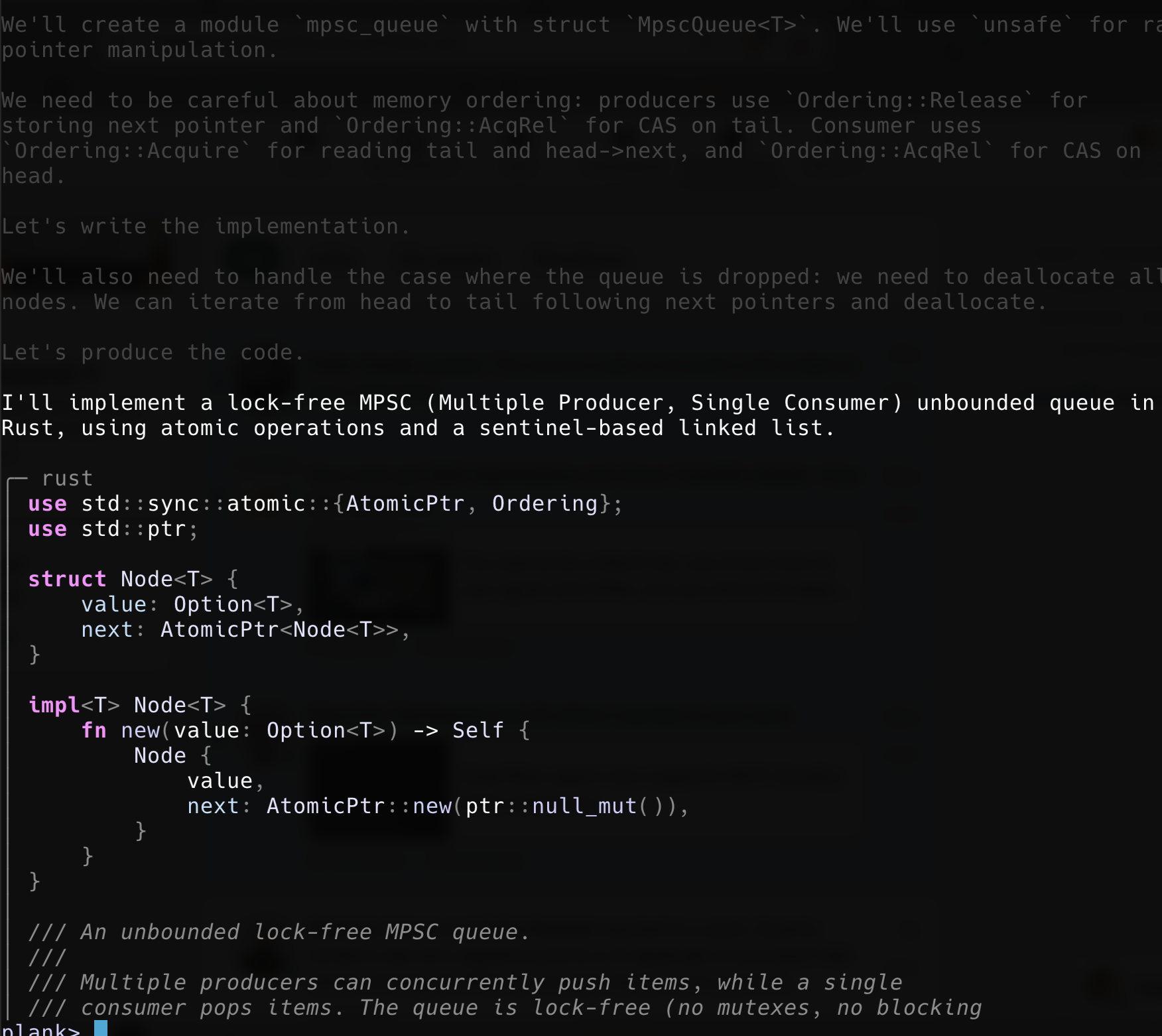 plank writing a lock-free MPSC queue in Rust: dimmed thinking text above a syntax-highlighted code block