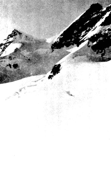 「●ユンクフラウヨッホよりユンクフラウ(右)及びロッタールホルン(左)を望む」のキャプション付きの写真