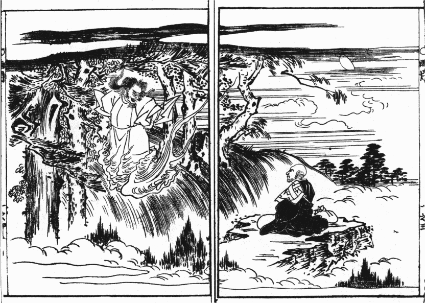 「白峯陵の前の「たひらなる石の上に座をしめ」た西行が、崇徳院の怨霊と対決する図」のキャプション付きの図