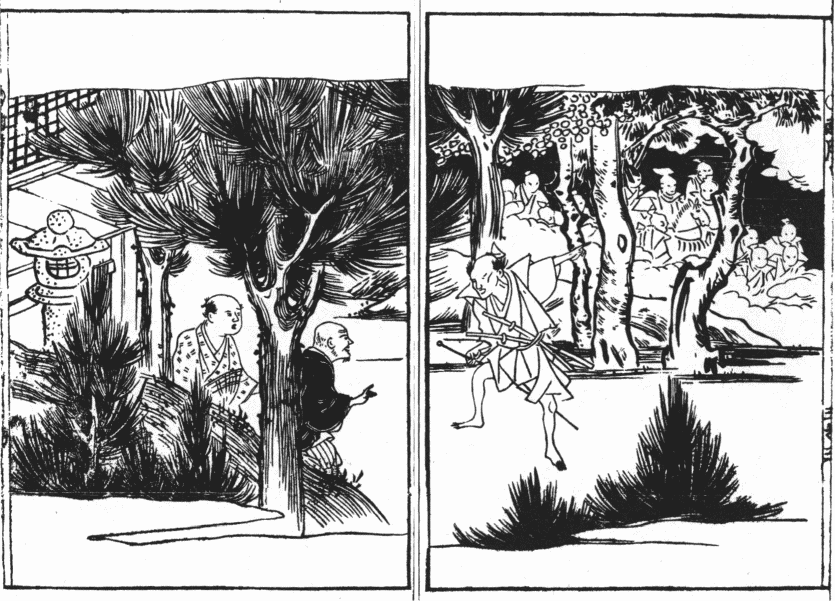 「高野山奥の院、灯籠堂の前で、深夜、夢然・作之治父子が、関白秀次とその家臣たちの亡霊にあう図」のキャプション付きの図