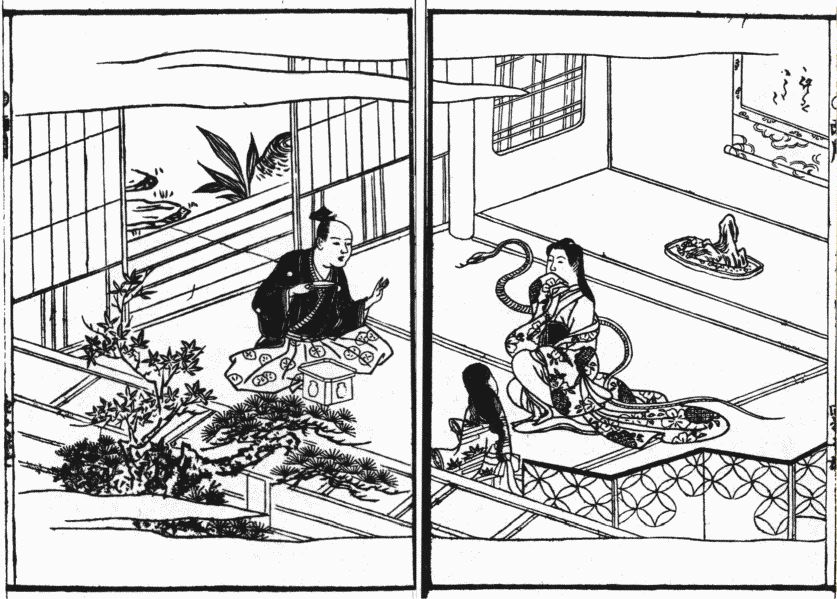 「芝の庄司の娘富子にのりうつった蛇性の真女児が、新婚二日目の夜、酔ごこちになってたわむれた豊雄の前で、その正体をあらわす図」のキャプション付きの図