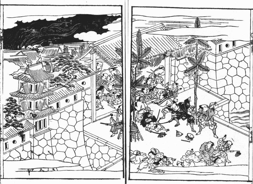 「文明十八年（一四八六）一月一日の早暁、尼子経久と山中党が富田城を襲撃した図」のキャプション付きの図