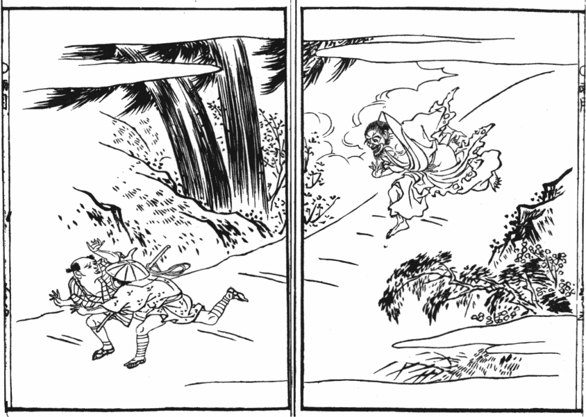 「人間の肉を食う悪鬼と化した山寺の僧が、里人を追いかけてとらえようとしている図」のキャプション付きの図