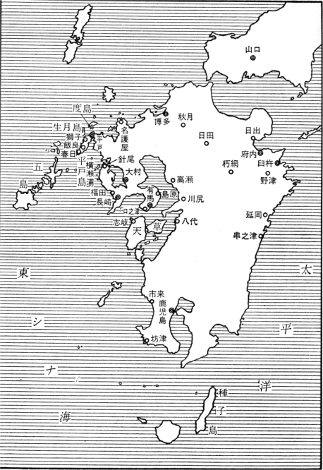 「キリシタン九州伝道地図」のキャプション付きの図