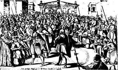 「Fig 15 The King's Evil :Henry IV of France touching scrofurous patients, ca 1600. 図15 王の病:フランス王アンリ4世がるいれき患者に触れている。1600年ごろ」のキャプション付きの図