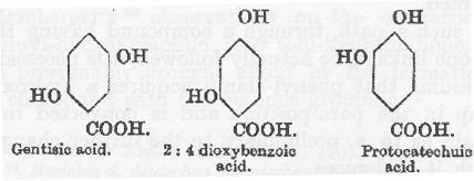 ゲンチジン酸、2,4-ジヒドロキシ安息香酸、プロトカテク酸=3,4-ジヒドロキシ安息香酸の化学構造式の図