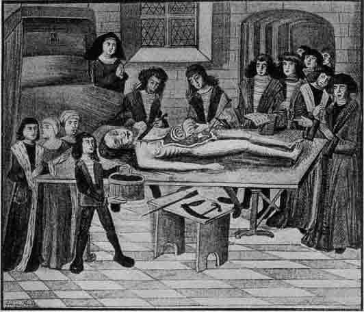 「第45図 モンペリエ図書館所蔵14世紀のギ・ド・ショリアックの原稿にある中世における解剖の光景」のキャプション付きの図