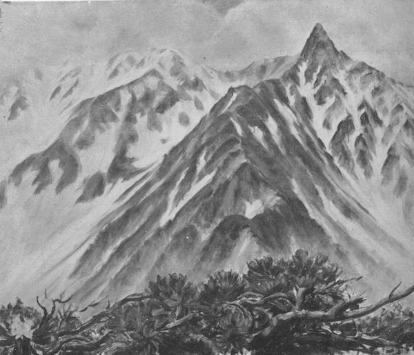 槍※［＃小書き濁点付き片仮名カ、222-1］岳初夏（西岳より）のキャプション付きの挿図