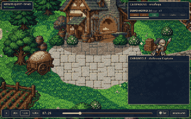 A 15-second town and battle replay (synthetic mock data only)