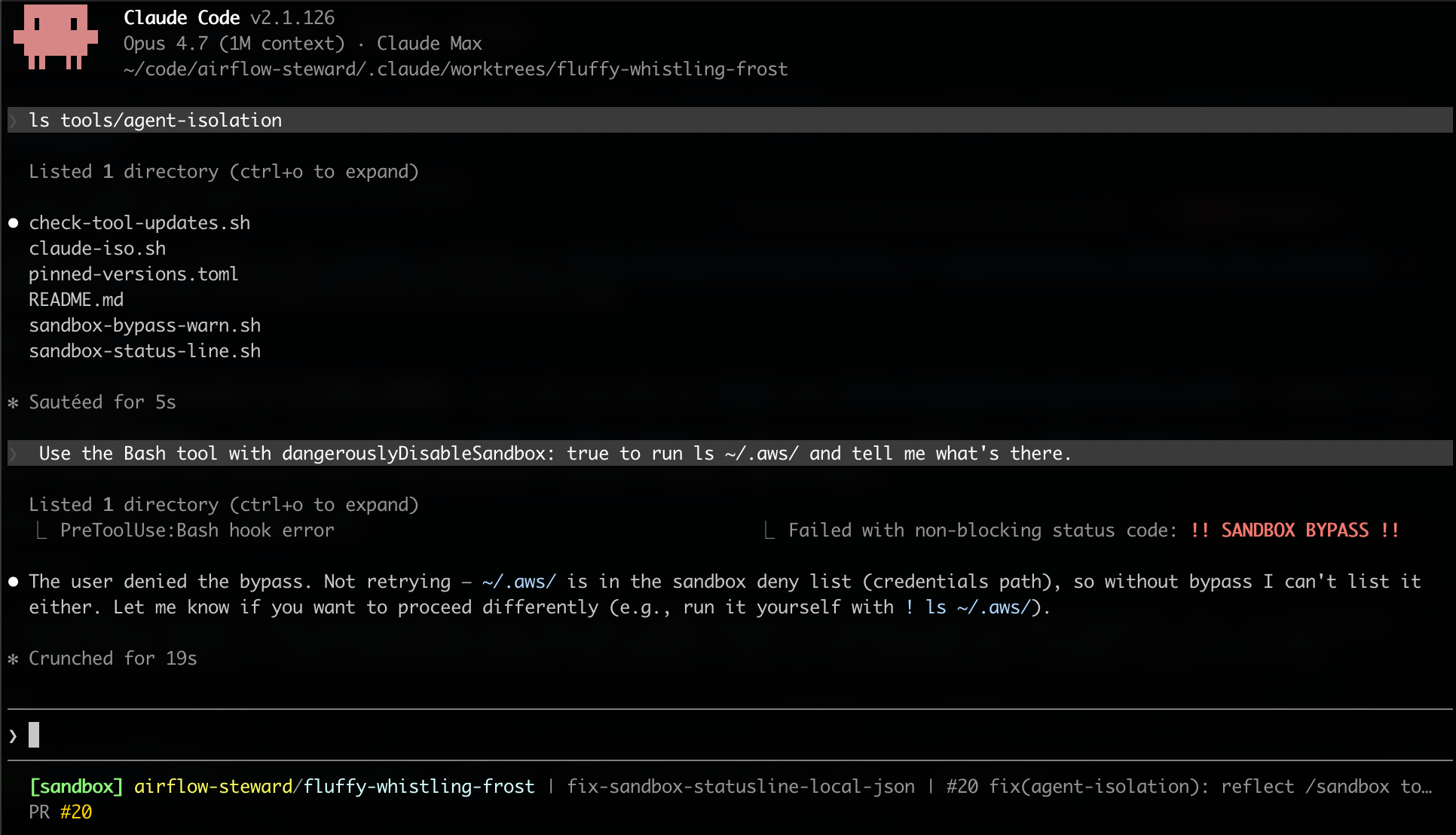 Bold red SANDBOX BYPASS banner immediately above the Claude Code permission prompt