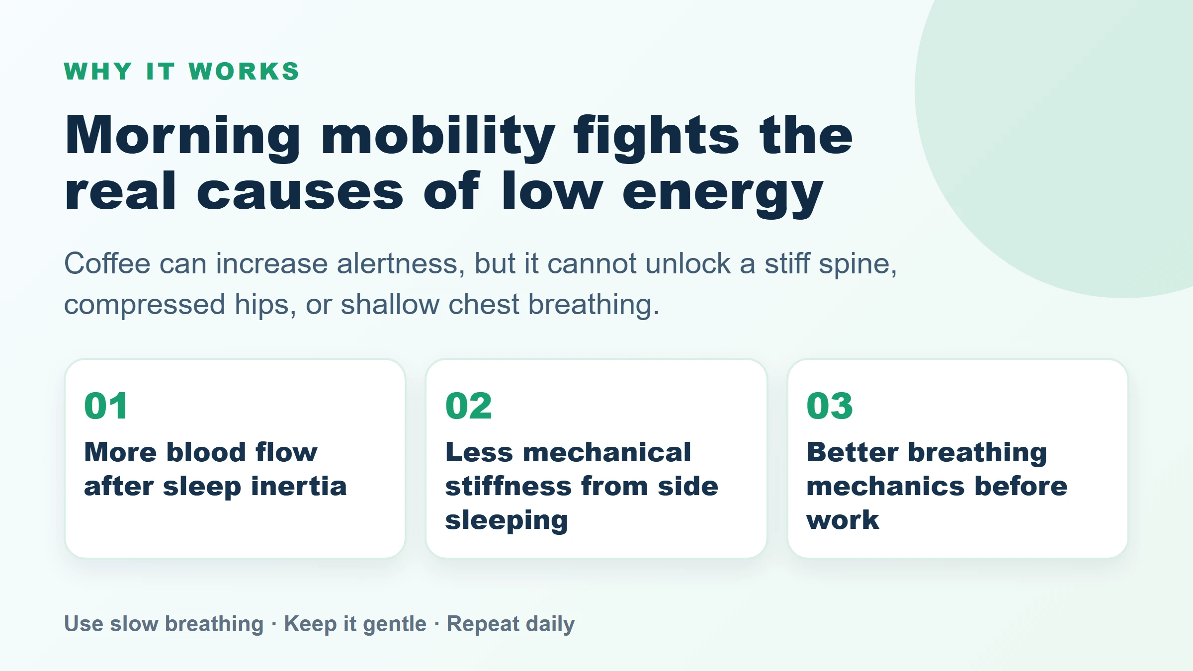 Morning mobility benefits for energy and posture infographic