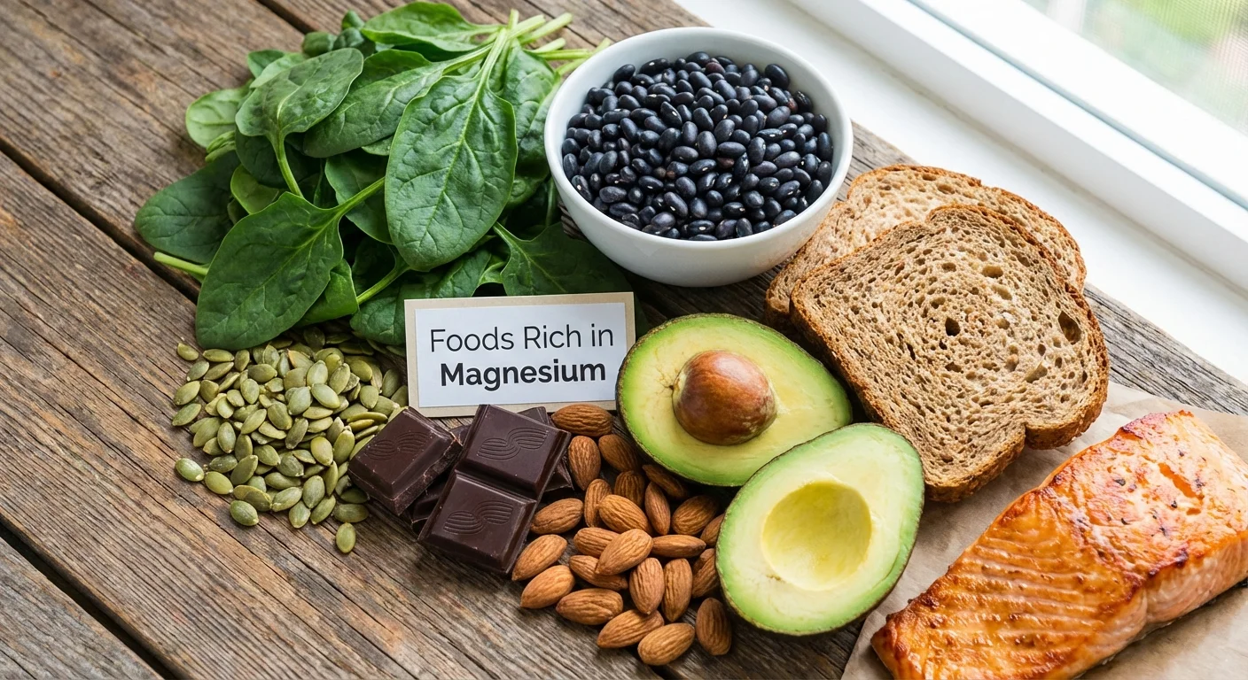Foods high in magnesium - spinach pumpkin seeds dark chocolate almonds avocado black beans