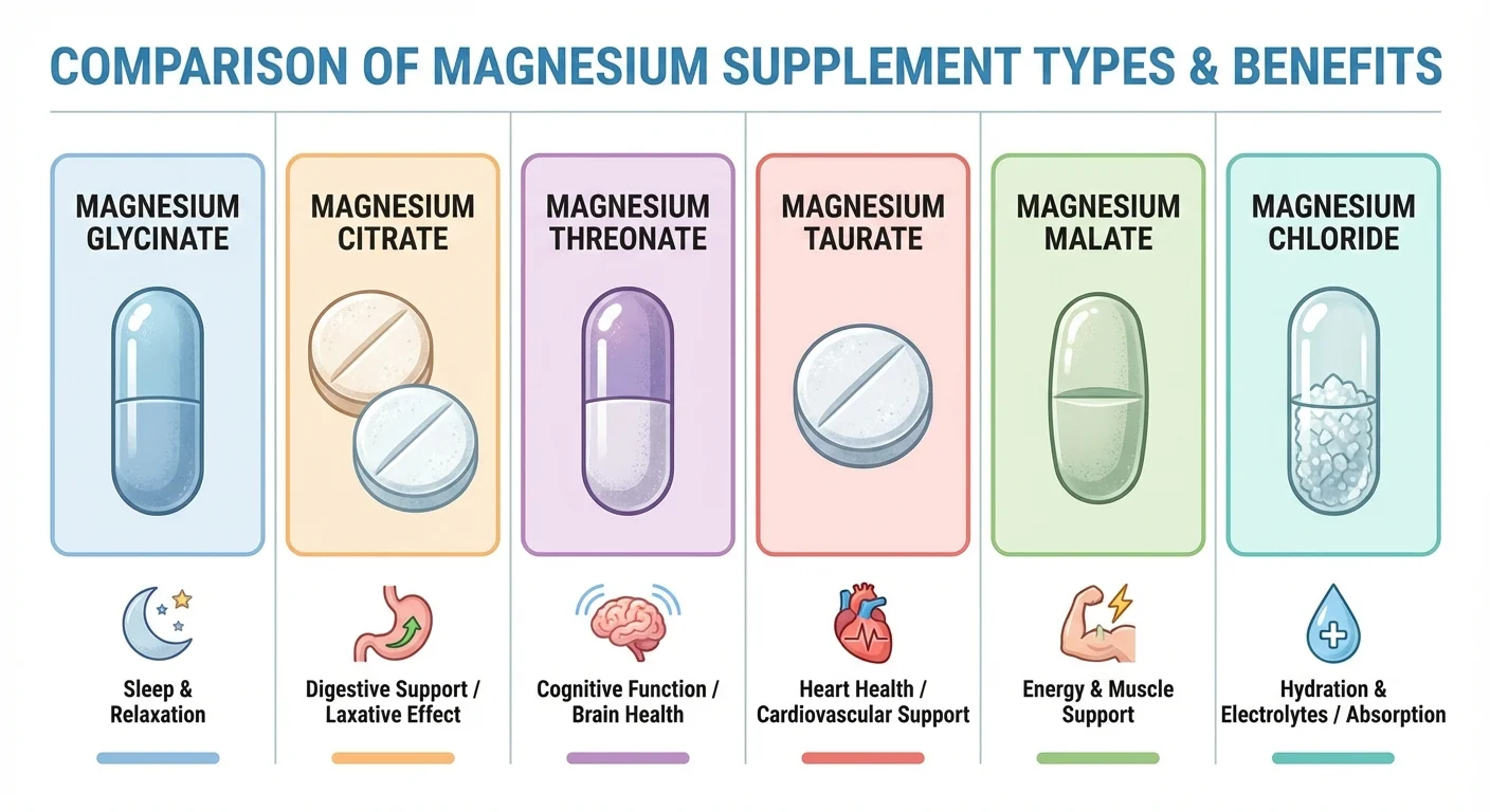 7 types of magnesium supplements comparison chart - glycinate citrate oxide malate threonate taurate chloride
