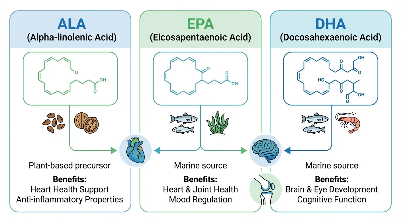 EPA DHA ALA omega-3 comparison infographic showing benefits for heart brain and inflammation