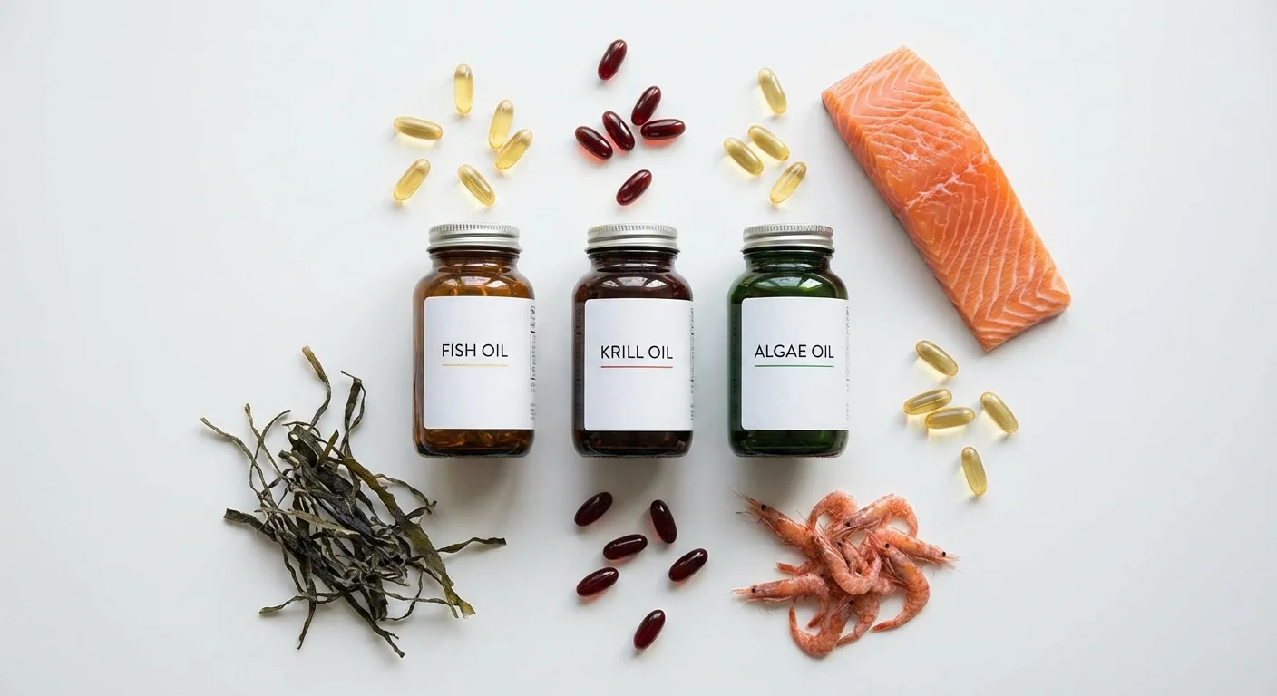 Omega-3 types comparison - fish oil, krill oil, and algae oil supplements with natural ingredients