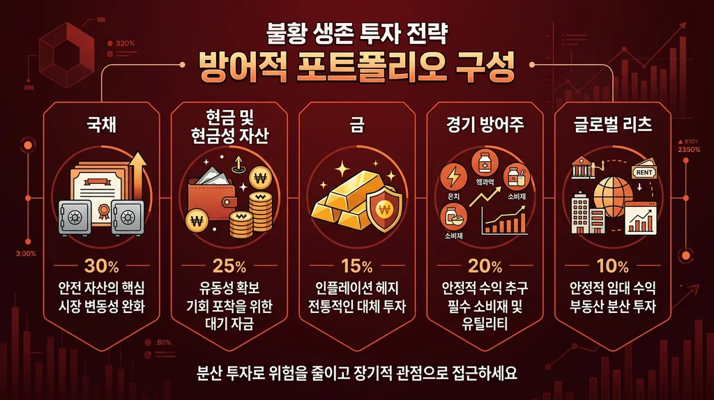 경기침체 대비 재테크 전략 2026: 불황에 돈 버는 5가지 자산배분법 3 불황 투자 생존 전략 5가지 방어적 자산 인포그래픽